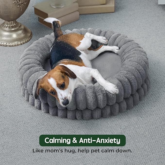 BALANCE Luxury Donut Dog Bed, 30 Inches Round Dog Bed Medium Size Dogs Washable, Orthopedic Calming Dogs Bed for Pets with Anti-Slip Bottom, Gray