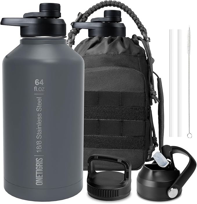 OneTigris Tactical Half Gallon Water Bottle with Straw - 64 oz Vacuum Insulated Stainless Steel Water Jug, Leakproof Sport Bottle with 3 BPA Free Lids, Paracord Handle & MOLLE Water Pouch for Outdoor