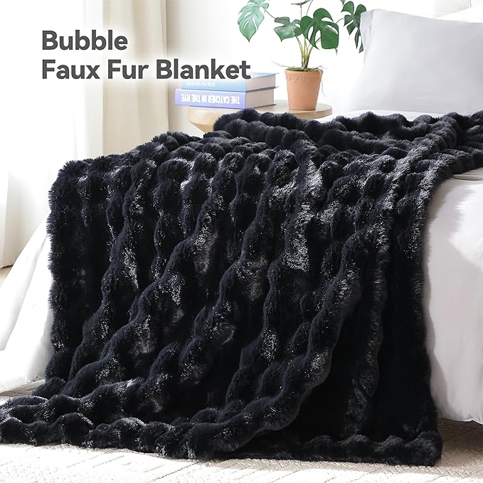 Smoofy Faux Fur Throw Blanket for Couch – Black Fluffy Cozy Rabbit Fleece, Plush Soft Bubble Blanket for Sofa & Bed, for Mom, Warm Fuzzy Home Room Decor Throw 60" x 80"