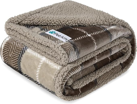 PetAmi Waterproof Dog Blanket for Medium Large XL Dog Puppy Cat Throw for Couch Cover Leakproof Protection, Sherpa Fleece, Reversible Soft Washable 80x60 Plaid Taupe
