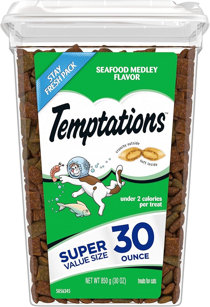 Temptations Classic Crunchy and Soft Cat Treats, Seafood Medley Flavor, 30 oz. Tub