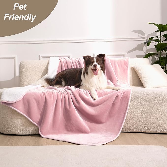 gogobunny Waterproof Bed Blanket, Reversible Sherpa Fleece Throw Blanket for Dog Puppy Cat, Furniture Cover Protects Bed Couch Sofa from Liquid Pee and Pet Fur (Pink, 50x60 inches)