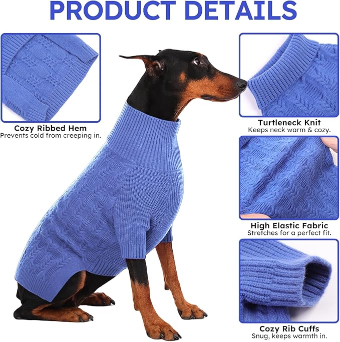 ASENKU Dog Sweater for Medium Dog Girls Boys, Fall Winter Turtleneck Long Sleeve Pet Christmas Sweater, Pullover Sweatshirt for French Bulldog, Boston Terrier, Blue, L