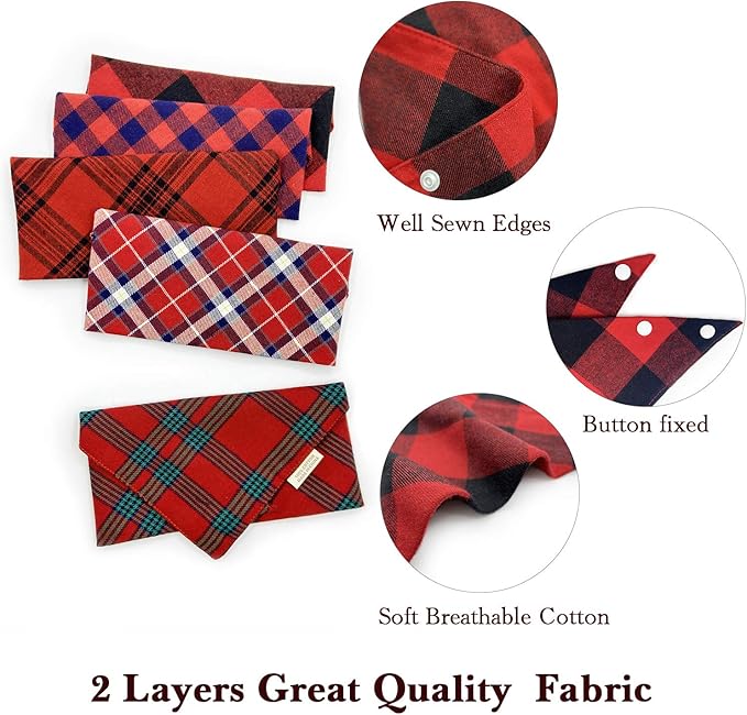 5PCS Dog Bandanas with Button - Thick Triangle Bibs Dual Layer Soft Cotton Scarves for Small Medium Boy Girl Puppy Cat Pet Baby Square Plaid Printing Washable Kerchief Halloween Costumes Outfits