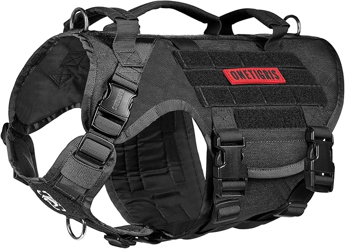 OneTigris Large Tactical Dog Harness, No Pulling Adjustable Dog Vest Harness, Heavy Duty Dog Harness with Handle, Large Hook and Loop Panels for Patch(Black,S)