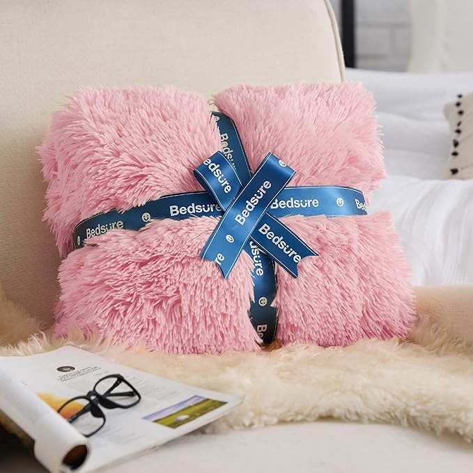 Bedsure GentleSoft Fuzzy Sherpa Faux Fur Twin Blanket Pink Cozy Gifts for Women Men, Soft Fleece Plush Warm Minky Thick Blanket Twin Size for Bed, Couch, Room Dorm Essentials Pink Decor Gifts, 60x80
