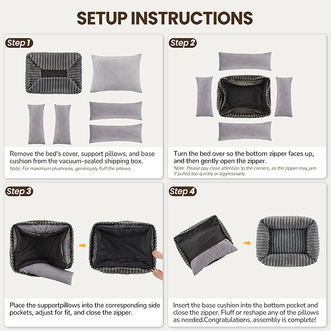 Orthopedic Dog Bed for Small Medium Dogs - Washable Rectangle Corduroy Fleece Pet Bed with Removable Cover and Nonskid Bottom, Calming Puppy Bed Soft Pet Sofa, Grey(35x25x9inchs)