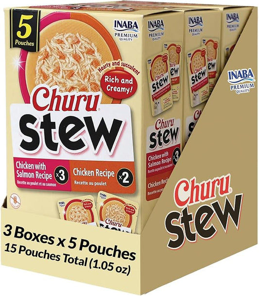 INABA Churu Stew for Cats, Broth Gelée with Shredded Chicken Side Dish with Vitamin E, 1 Ounce per Pouch, 15 Pouches Total, Chicken Variety Pack