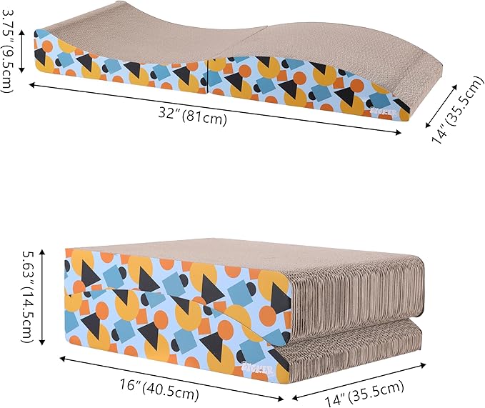 CSR1011A Eero 32" Modern Cardboard Foldable Lounge Cat Scratcher with Catnip, Blue/Orange