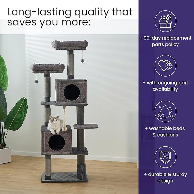 Catry Stella 7-Level 67.5” Linen & Quilted Velvet Cat Tree with Recycled Paper Scratchers, Two Condos, Removable Beds, Toys, Easy to Clean, Ideal for Large Cats and Multi-Cat Homes (Zinc Gray)