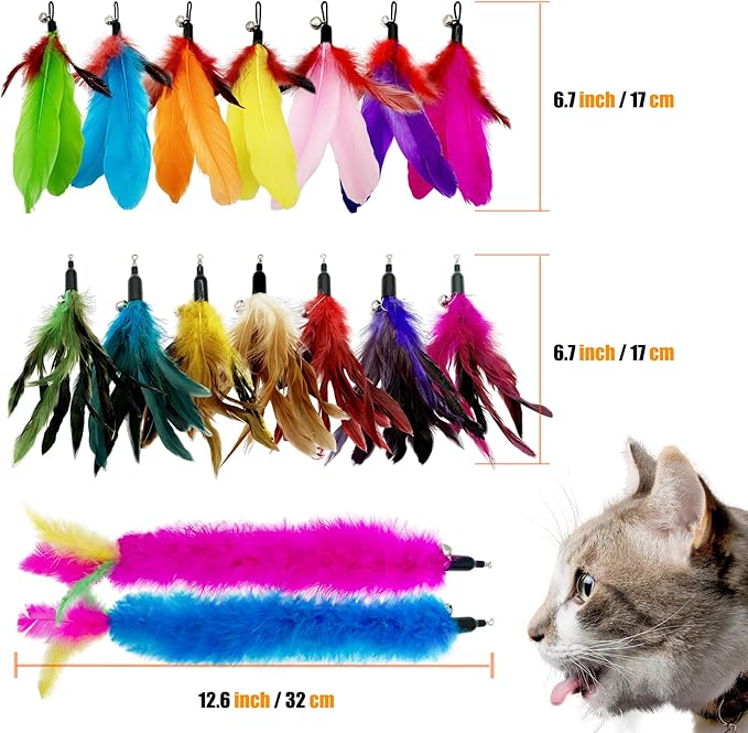 Cat Feather Toys Refill, 16 Pieces Cat Wand Replacement Feathers Toy for Indoor Cats