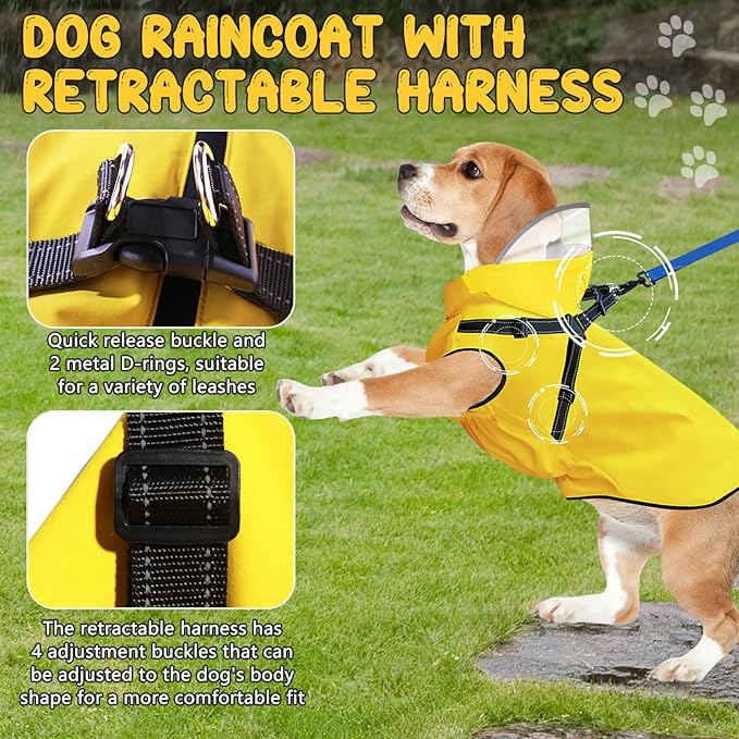 Dog Raincoat: Dog Rain Jacket with Reflective Harness & Removable Hood | Waterproof Dogs Rain Coat Poncho for Large Medium Small Dogs Puppies (Yellow - S)