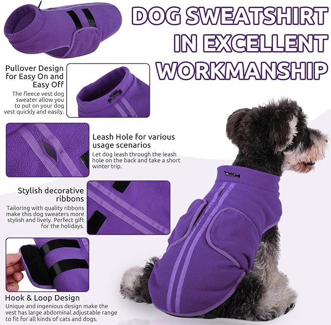 Queenmore XL Dog Sweaters, Soft Fleece Vest Pullover Dog Jacket with Leash Hole, Warm Winter Dog Clothes Cold Weather Doggy Dachshund Sweater for Large Dogs Cats Boy or Girl (Lavender, XL)