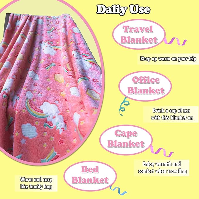 Best Gift Halloween Glow in The Dark Rainbow Throw Blanket with Storage Bag, Soft Throw Blanket for Girls Boys, Gifts for Birthday Christmas, Kids Blanket, Girls Blanket Home Travel Use, 60x50 Red