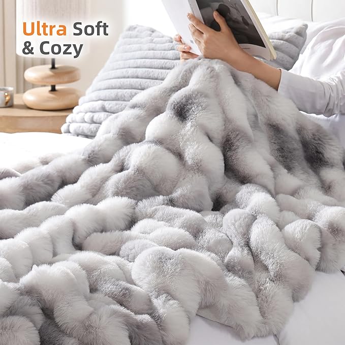 Smoofy Faux Fur Throw Blanket for Couch Rabbit Fleece - Tie-dye Grey Fluffy Blanket for Sofa Bedroom Living Room, Cozy Soft Plush Luxury Thick Winter Fuzzy Comfy Bubble Blanket - 60" x 80"