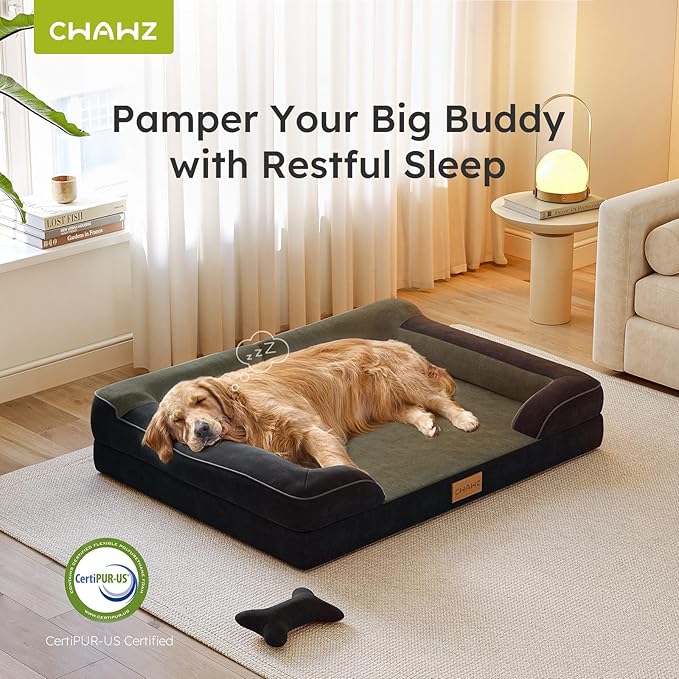 Jumbo Dog Bed for Extra Large Dogs, Orthopedic Dog Bed with Cooling Gel Memory Foam, Waterproof Pet Bed with Removable Washable Cover, 45" Pet Sofa Couch Dutch Velvet with Bone Toy, Black