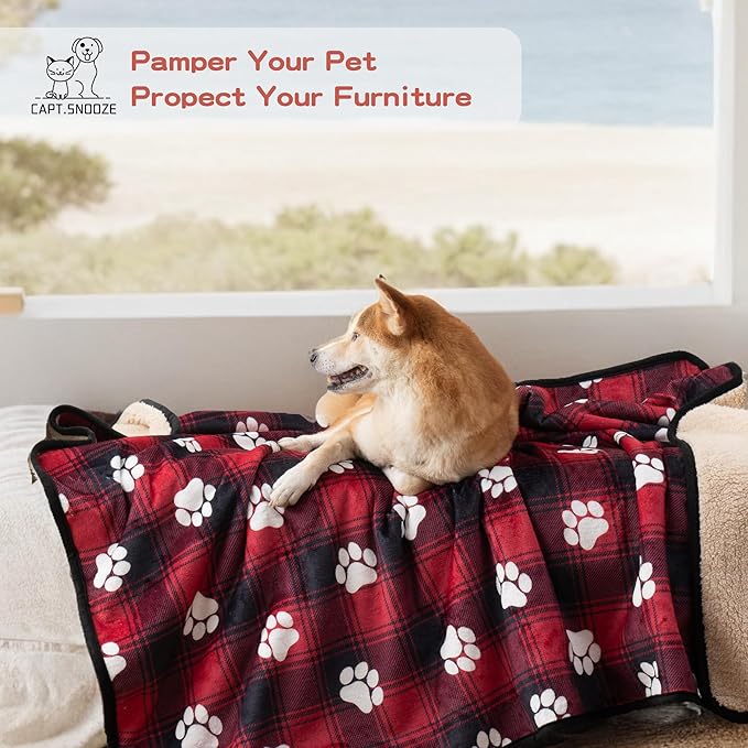 Waterproof Dog Blankets Pet Blanket 50"x60", Soft Fluffy Sofa Car Bed Protector, Reversible Sherpa Fleece Dog Blanket for Large Dogs Christmas Decor(Paw Red)