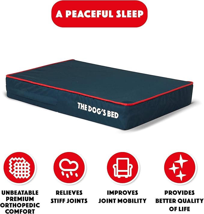 The Dog’s Bed Orthopedic Memory Foam Dog Bed, Small Blue/Red, Pain Relief for Arthritis, Hip & Elbow Dysplasia, Post Surgery, Lameness, Supportive, Calming, Waterproof Washable Cover