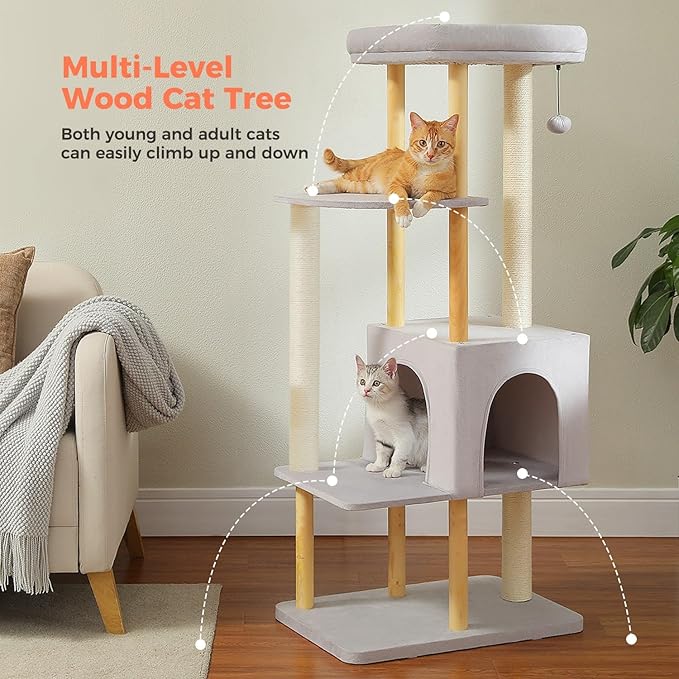 53" Modern Cat Tree for Large Cats, Wooden Cat Tower with Fully Sisal Covered Scratching Posts and Solid Wood Posts, Cat Furniture with Spacious Perch and Cozy Condo Gray