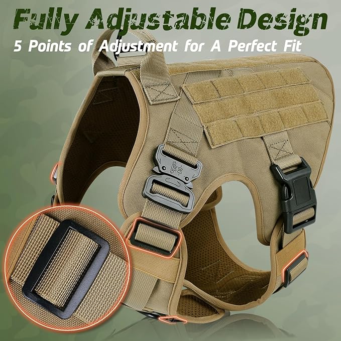 rabbitgoo Tactical Dog Harness for Large, Heavy Duty Pet Harness with Handle, No-Pull Service Vest Large Breed, Adjustable Military Dog Vest for Training Hunting Walking, Brown, L