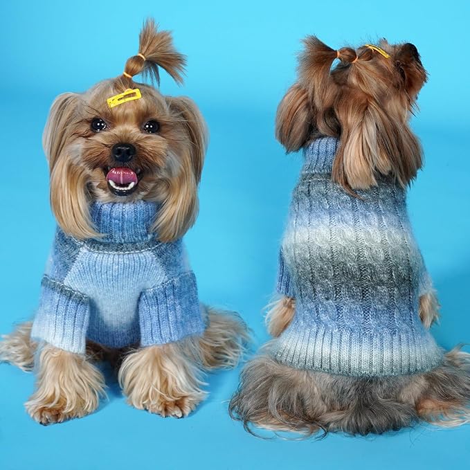 KYEESE Dog Sweater Cable Knit Thick Fuzzy Dog Knitwear Turtleneck Warm with Sleeves Dogs Clothes Gradient Color, Blue, XLarge