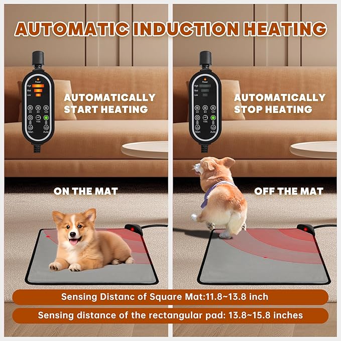 Pet Heating Pad for Cats & Dogs,Safe Electric Cat Warming Pad with Chew Resistant Cord,Automatic Induction Heated Cat Bed,Adjustable Temperature & Time (Light Grey, 17.7" x 17.7")