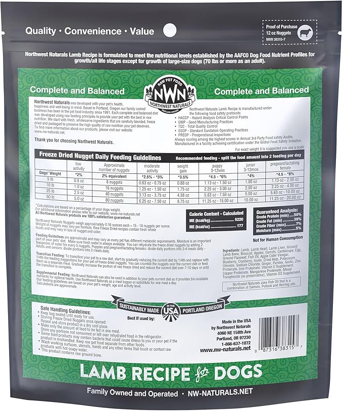 Northwest Naturals Freeze-Dried Lamb Dog Food - Bite-Sized Nuggets - Grain-Free, High-Protein, Raw Diet, Human-Grade, Limited Ingredients, All Natural, Nutrient-Dense, Healthy & Nutritious - 12 Oz