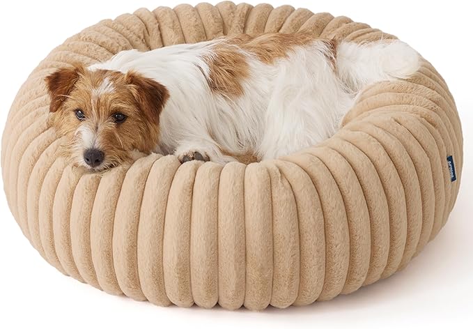 Bedsure Donut Small Dog Bed - Dog Beds for Small Dogs with Corduroy Fleece & Anti Slip Bottom, Round Faux Fur Pet Beds with Washable Removable Cover, Sandy Beige, 27x27x8 inches