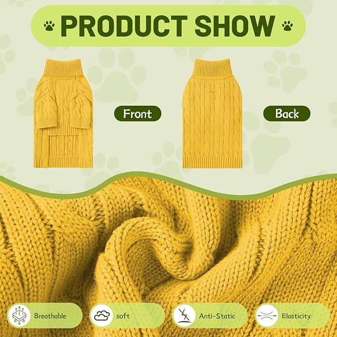 Small Dog Thermal Pullover Sweater, Classic Turtleneck Cable Knitwear Dog Clothes for Cold Weather Warm Pet Clothes for Chihuahua, Bulldog, Dachshund, Pug Yellow Medium