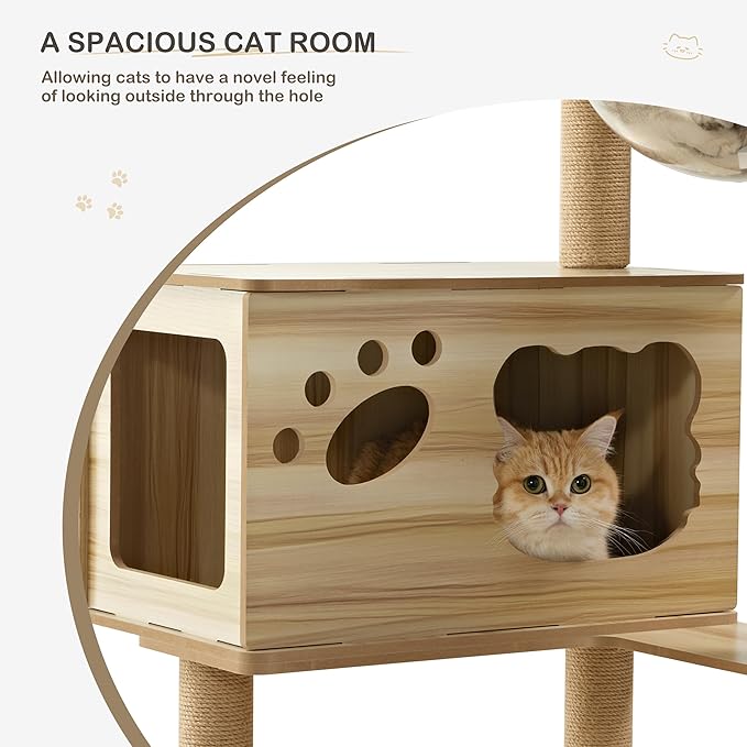 EUREKA ERGONOMIC Cat Tree Large 52 Inch, Wooden Cat Tower Multi-Level Cat Tree Tower for Indoor Cats Large Adult with Scratching Post, House, Pompoms, Cat Stand with Scratch Pad (Yellow)