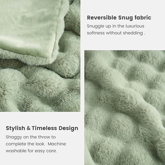 Cozy Bliss Faux Fur Throw Blanket for Couch, Fuzzy Soft Plush Thick Bubble Blanket for Sofa Bedroom Living Room, 60 * 80 Inches Sage Green
