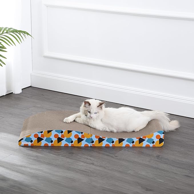 CSR1011A Eero 32" Modern Cardboard Foldable Lounge Cat Scratcher with Catnip, Blue/Orange