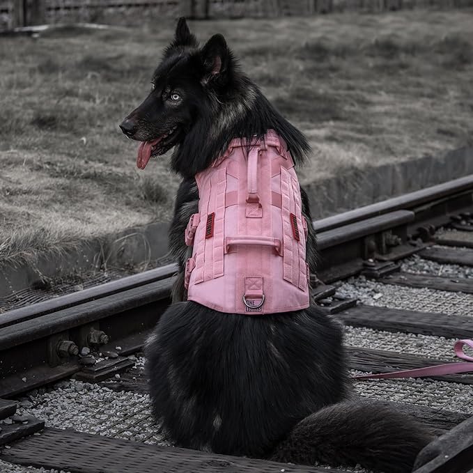 OneTigris Large Tactical Dog Harness, No Pulling Adjustable Dog Vest Harness, Heavy Duty Dog Harness with Handle, Large Hook and Loop Panels for Patch(Pink,S