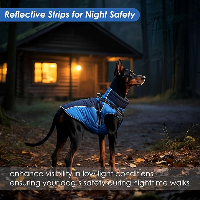 ASENKU Reflective Dog Coat with Built-in Harness, Windproof Fleece-Lined Dog Jacket for Small, Medium, Large Dogs, Warm Winter Vest with Turtleneck & Zipper (Navyblue 2XL)
