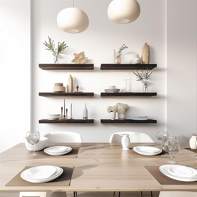 Brown Wood Floating Shelves for Wall Rustic Wall Shelf for Bedroom Living Room Set of 6