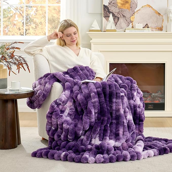 Cozy Bliss Faux Fur Throw Blanket for Couch, Cozy Warm Plush Striped Blanket for Sofa Bedroom Living Room, 50 * 60 Inches Tie-dye Purple