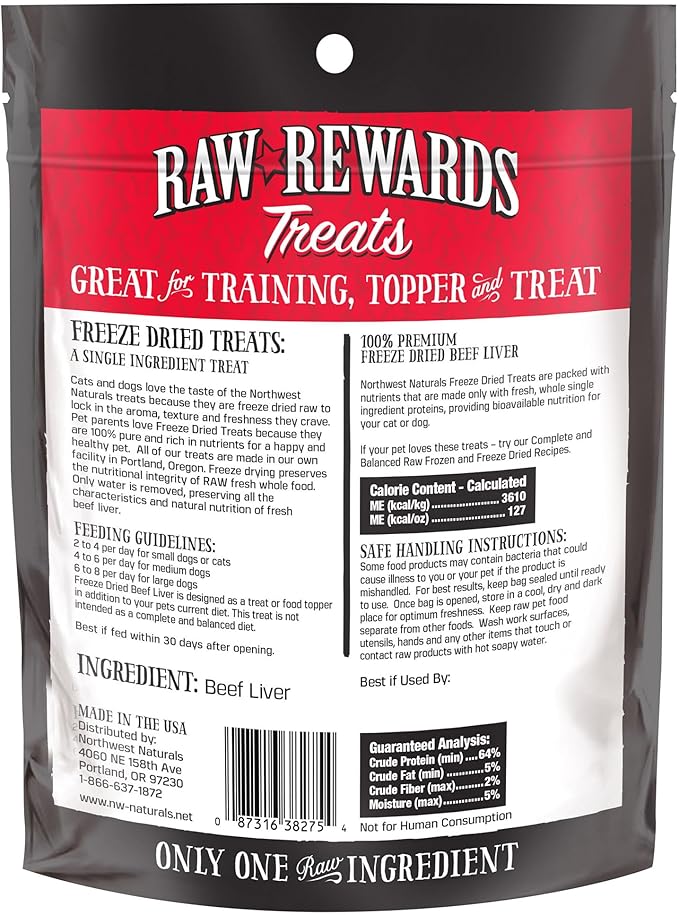 Northwest Naturals Raw Rewards Freeze-Dried Beef Liver Treats for Dogs and Cats - Bite-Sized Pieces - Healthy, 1 Ingredient, Human Grade Pet Food, All Natural, Proudly Made in USA, 3 Oz (Pack of 3)