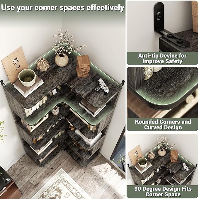 Armocity Corner Book Shelf - 6 Tier Corner Bookshelf Etagere Bookcase with Baffle, Freestanding L Shaped Display Shelf Stand for Home Office, Living Room, Bedroom, Kitchen, Grey Oak