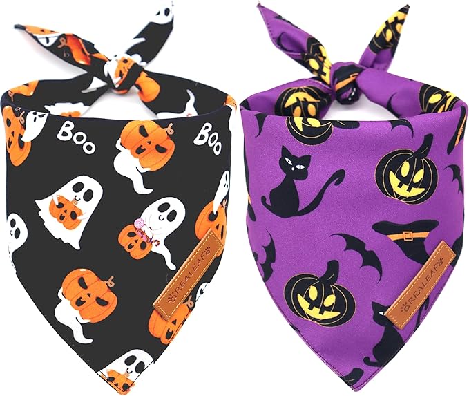 Realeaf Halloween Dog Bandanas 2 Pack, Reversible Orange Pumpkin Pet Scarf for Boy and Girl, Premium Durable Fabric, Holiday Bandana for Small Medium Large and Extra Large Dogs (Large)