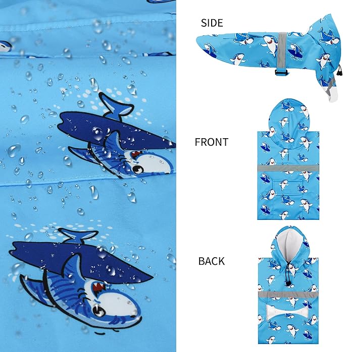 NACOCO Large Dog Raincoat Adjustable - Pet Shark Water Proof Clothes Lightweight Rain Jacket Poncho Hoodies with Strip Reflective Blue (3XL, Blue Shark)