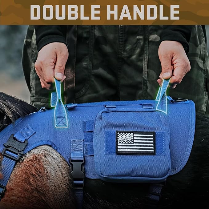 Forestpaw Tactical Dog Harness for Large Dogs,Tactical Dog Collar with Bungee Leash Set,No Pull Military Dog Harness for Walking Training,Adjustable for Medium Large Dogs,Blue,Chest 19.5-41.5"
