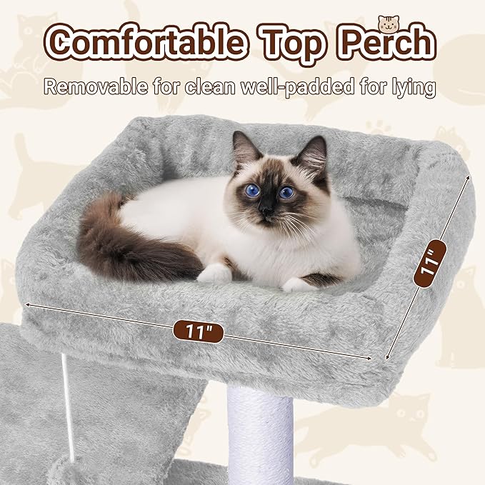 Cat Tree, 54-Inch Cat Tower for Indoor Cats,Plush Multi-Level Cat Condo with Scratching Posts, Basket, Perches,2 Caves,2 Pompoms (Light Grey)