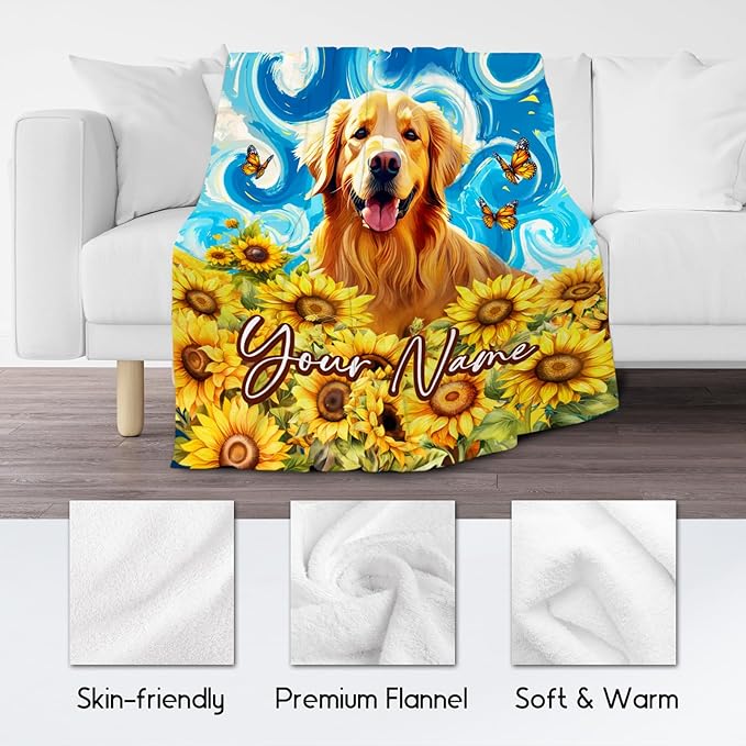 Golden Retriever Blankets for Boys/Girls/Women/Men - Customized Dog Blanket for Dog Lovers - Soft Cozy Lightweight Sunflower Throws Gifts - 4 Sizes