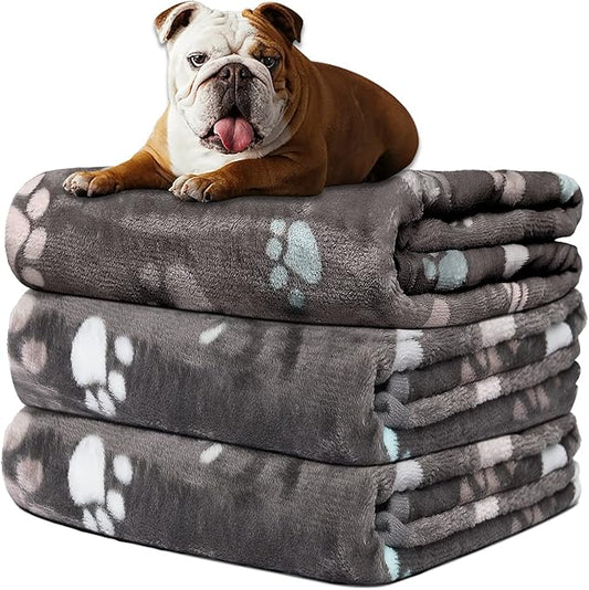 Rezutan Dog Blankets for Medium Dogs, Upgraded 3 Pack Dog Cat Blanket Washable, Soft Pet Mat Throw Cover Suitable for Kennel Crate Bed, Cute Paw Pattern, 30"x20", Grey
