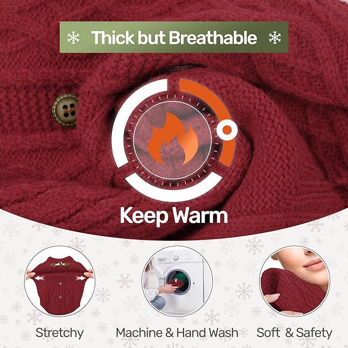 WOYYHO Cozy Pullover Dog Sweaters for Small Dogs, Cable Knit with Cow Horn Buttons, Warm Round Neck Winter Clothes for Puppy Chihuahua Yorkie, Red L