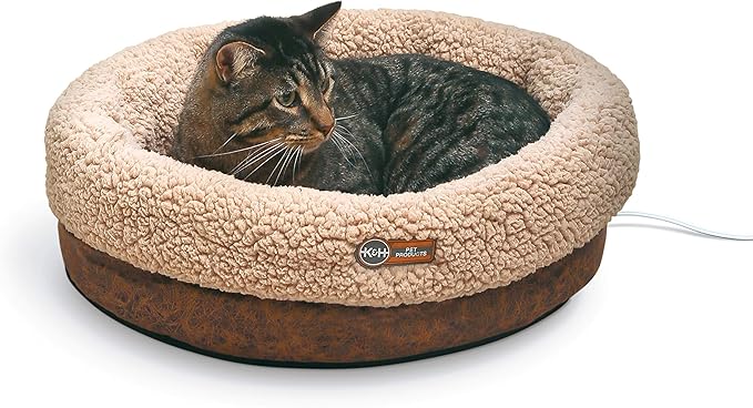 K&H Pet Products Heated Cat Bed Indoor, Thermo-Snuggle Cup Bomber Soft Heated Pet Bed for Large Indoor Cats and Small Dogs, Machine Washable, Waterproof Heated Pad, Safety Listed - 14x18in Chocolate