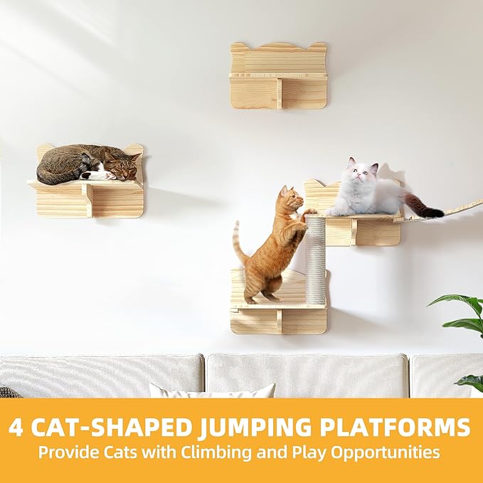 Solid Wood Cat Wall Shelves, Cat Wall Furniture Wooden Feline Shelf, 9 Piece Shelves and Perches with Bed, House, Steps, Bridge Ladder and Scratching Post