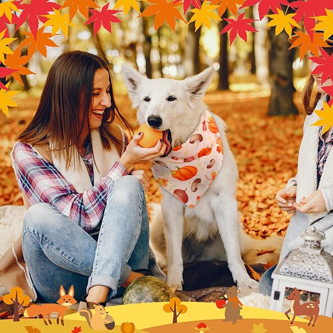 Chunful 60 Pcs Fall Bandanas for Dogs Autumn Maple Leaf Pumpkin Patterns Soft Bibs Adjustable Triangle Doggie Scarf for Small Medium Large Pet Costume(31.5 x 21.7 x 21.7 Inch)