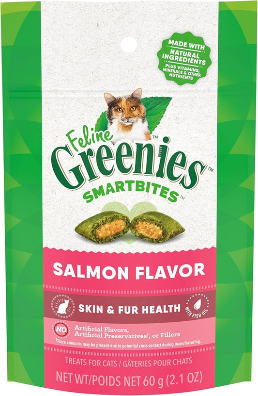 Greenies Feline Smartbites Skin & Fur Crunchy and Soft Cat Treats, Salmon Flavor, 2.1 oz. Pack