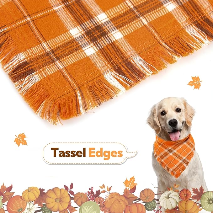 Kytely Fall Dog Bandana Autumn Thanksgiving Dog Bandanas Large, Orange Plaid Pet Scarf for Boy and Girl, Holiday Halloween Reversible Triangle Bibs Accessories for Dogs Pets